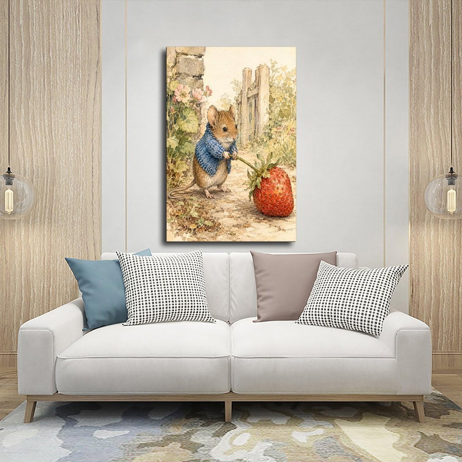 W7C8U2X3 Raton con Fresa Cuadro en Lienzo, Ilustracion Tierna Dormitorio | Libro de cuentos, Cuadro en Lienzo Estudio, Jardin de cuentos, Oficina, Arte Folk, Lienzo de Pared, 20x30inch(50x75cm).