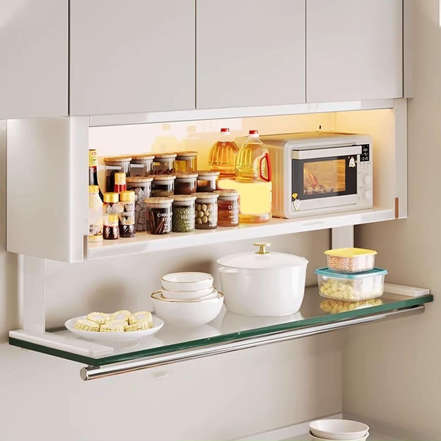 Wall Cabinet Storage Cabinet Carbon Steel with Pull-Down Magnetic Doors Shelves Multiple Sizes Space-Saving Hanging Cabinet for Kitchen Organization(White,70 * 20 * 48cm)