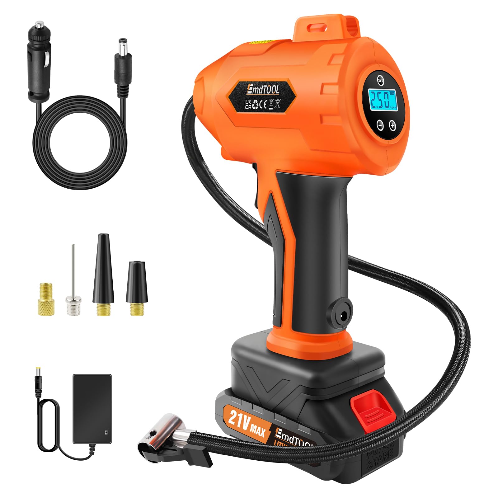 21V Cordless Tire Inflator Air Compressor, 180PSI Portable Handheld Air Pump with Digital Pressure Gauge, Rechargeable Battery Powered Fast Inflation for Cars, Motorcycles, Bike & Sports Balls, Orange