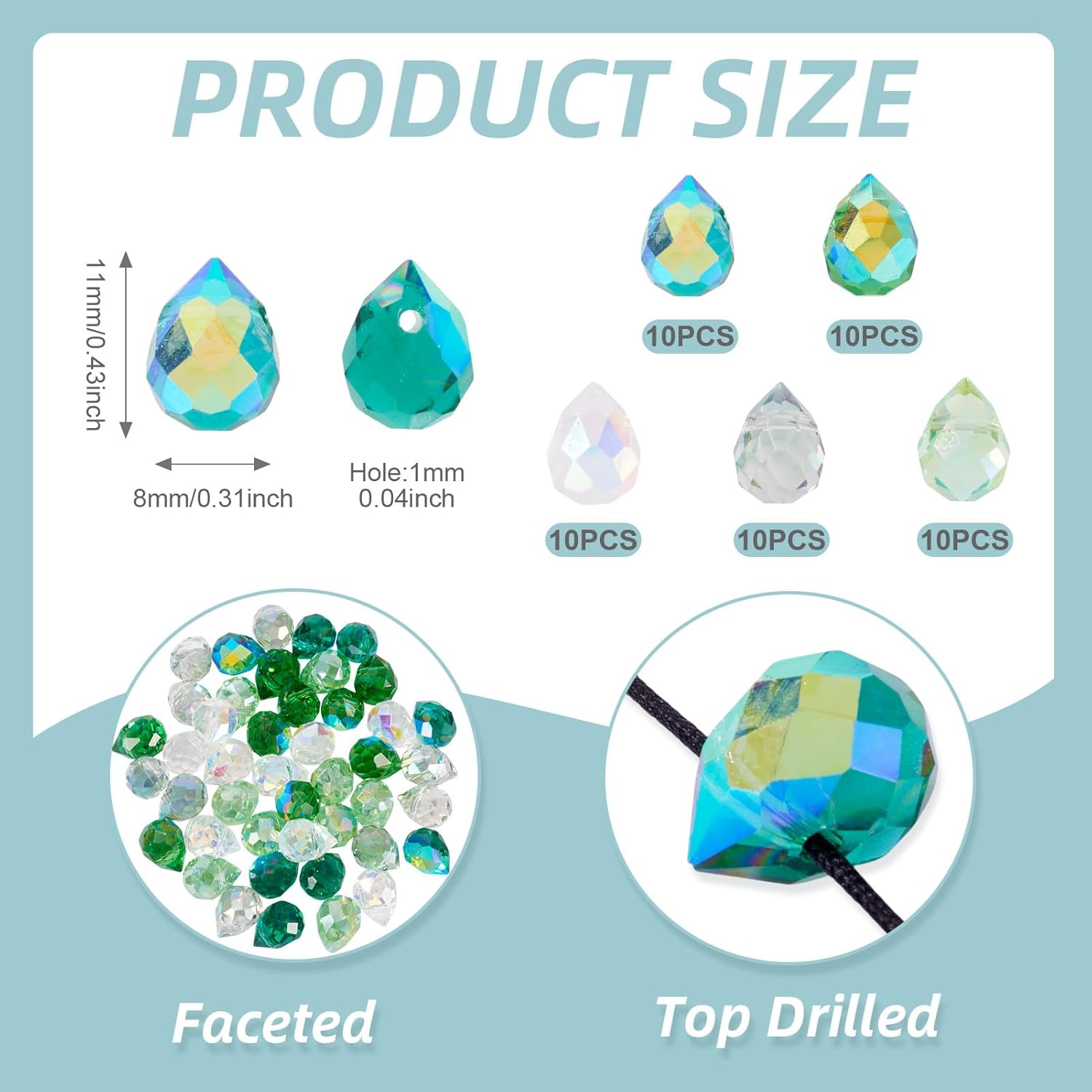 50pcs Teardrop Glass Beads for Jewelry Making Faceted Clear Crystal Beads Green Glass Teardrop Chandelier Shiny Pendants for DIY Craft Earring Necklaces Bracelets - Image 5