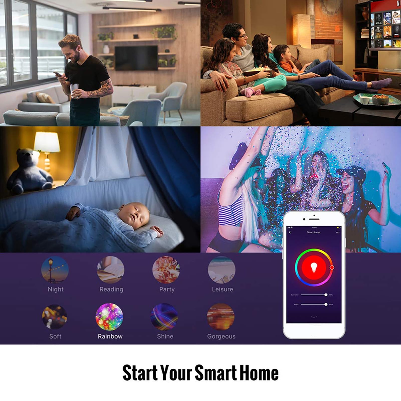 WiFi Bombilla inteligente RGB+W+C Bombilla LED 5W GU10 Luz regulable Aplicación de teléfono Control remoto Compatible con Alexa Home Tmall Elf para control de voz (5)