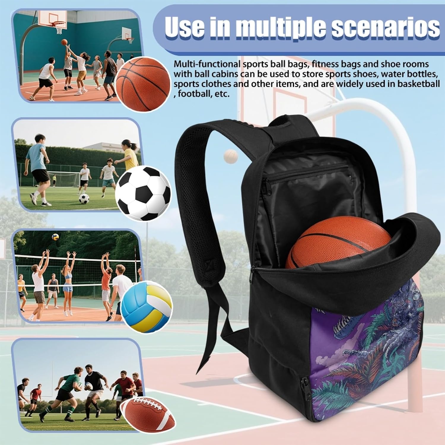 Boys Dinosaur Equipment Bag for Elementary Kids Forest Sports Backpack with Ball Compartment for Age 4-12 Children School Bags for Traveling Outdoor