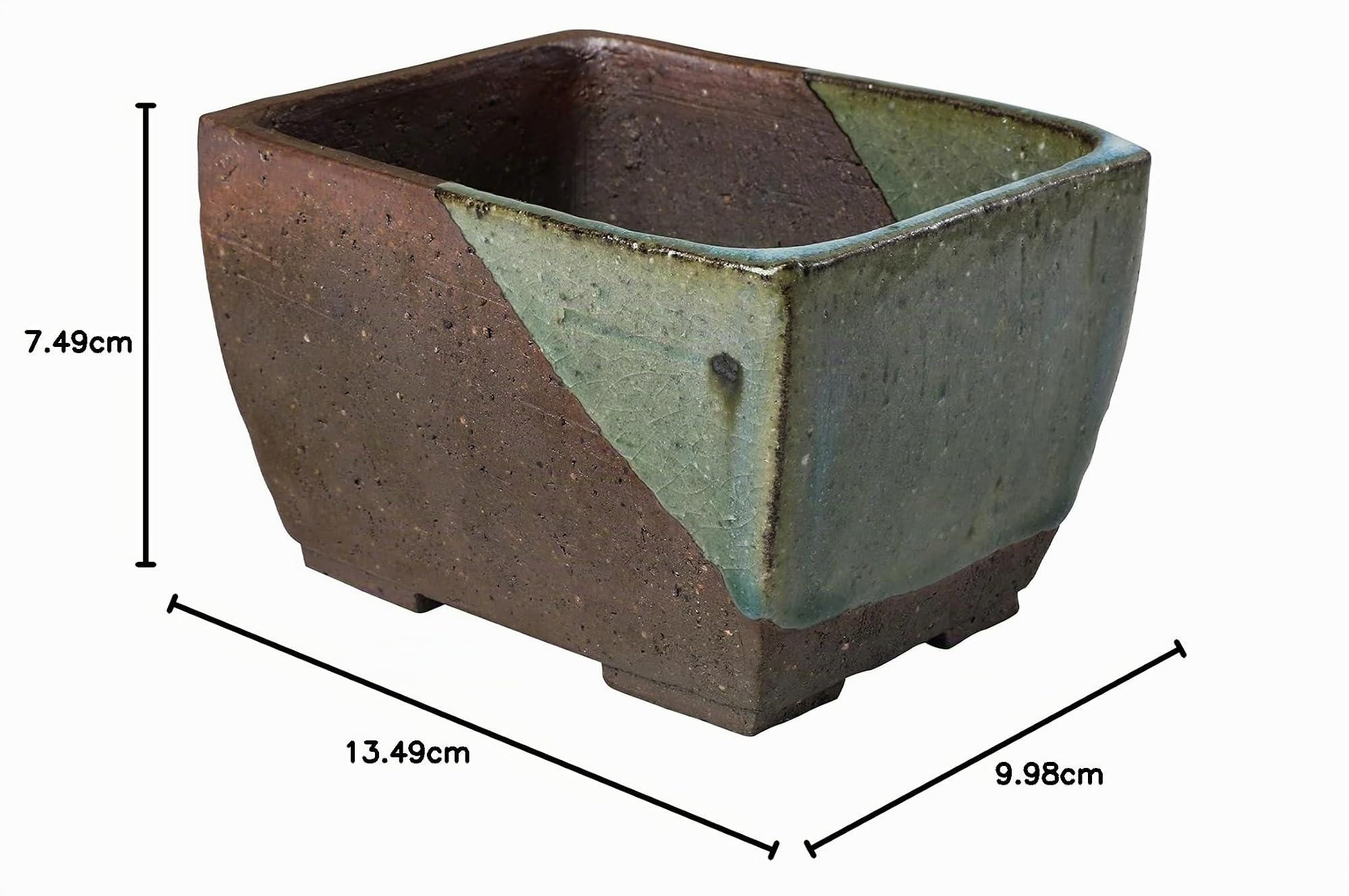 Wazakura Tokoname Serie Handgefertigte Rechteckige Glasierte Bonsai Schale mit Ablauflöchern, Keramik, 135 mm, Made in Japan, Kleiner Gartenbehälter, dekorativer Blumentopf – Braun/Grün