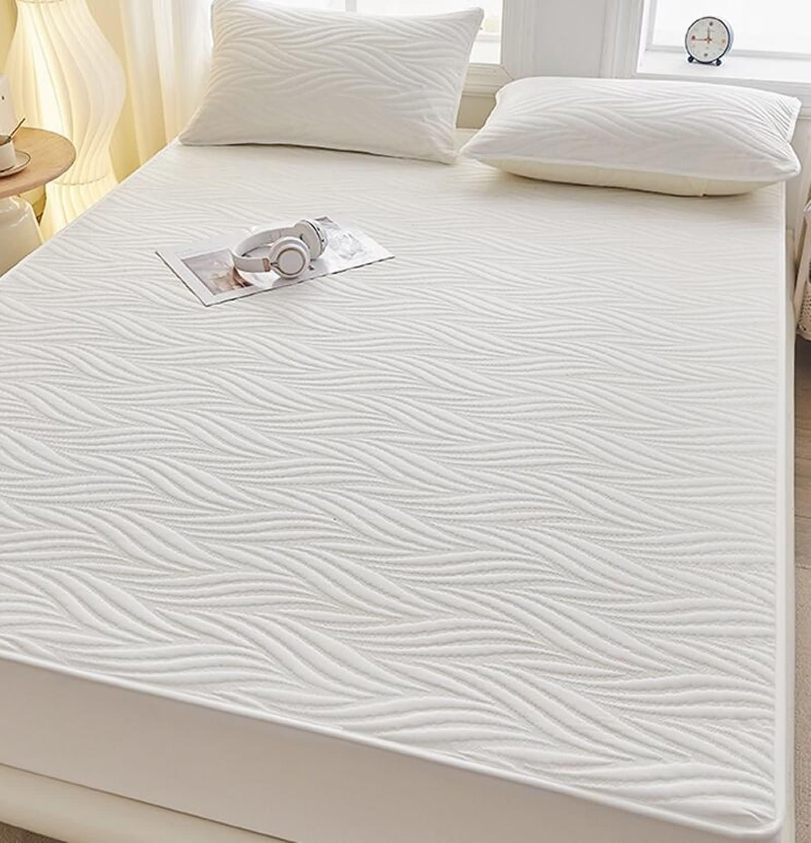 Komplet 3-częściowy zestaw 3 poszewek na gumkę, poliester, bawełna, łóżko pojedyncze, jednokolorowe z wzorem liści, 120 x 200 cm + 2 poszewki na poduszki, białe