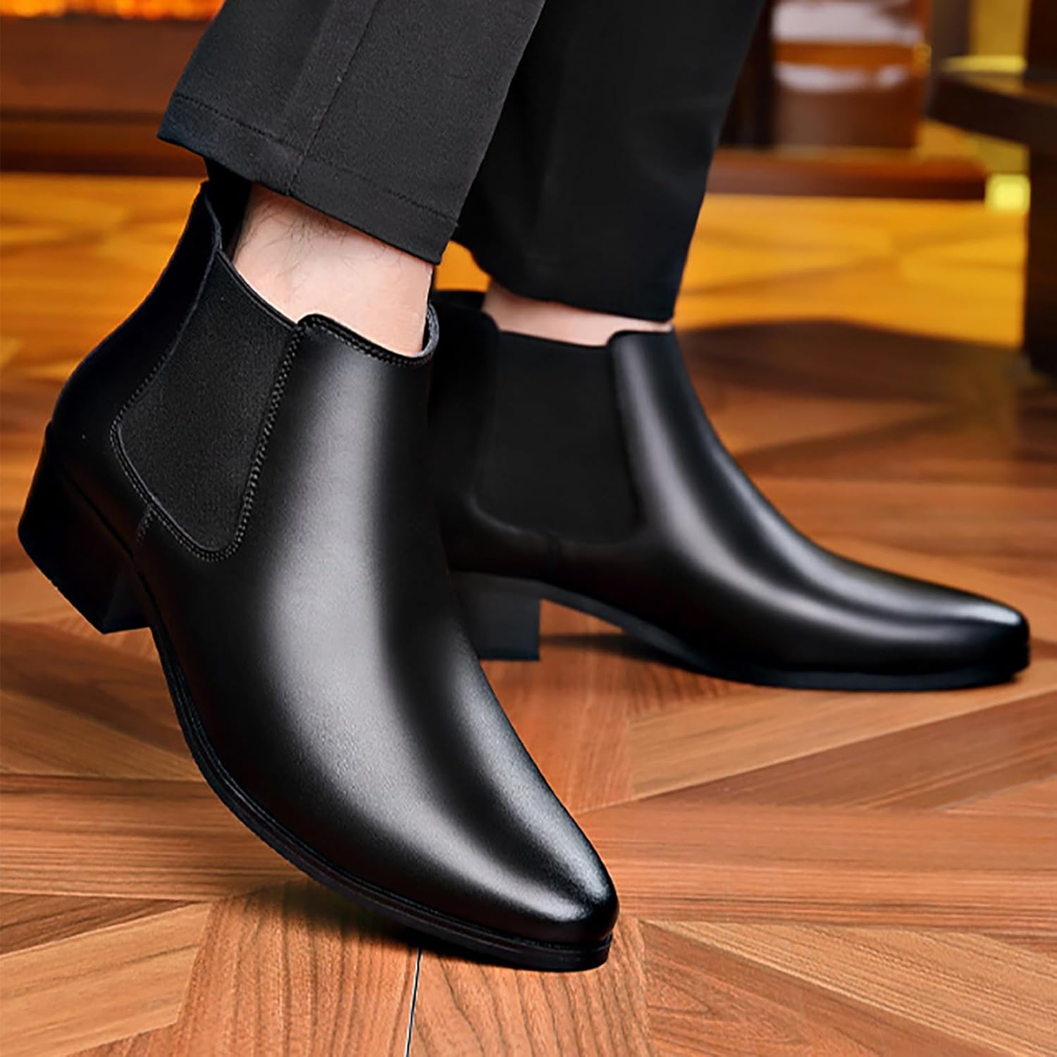 Men'S Leather Chelsea Ankle Boots Fashion Side Zipper Pointed Toe Business Chukka Boots Casual Comfortable Dress Bootie - Image 2