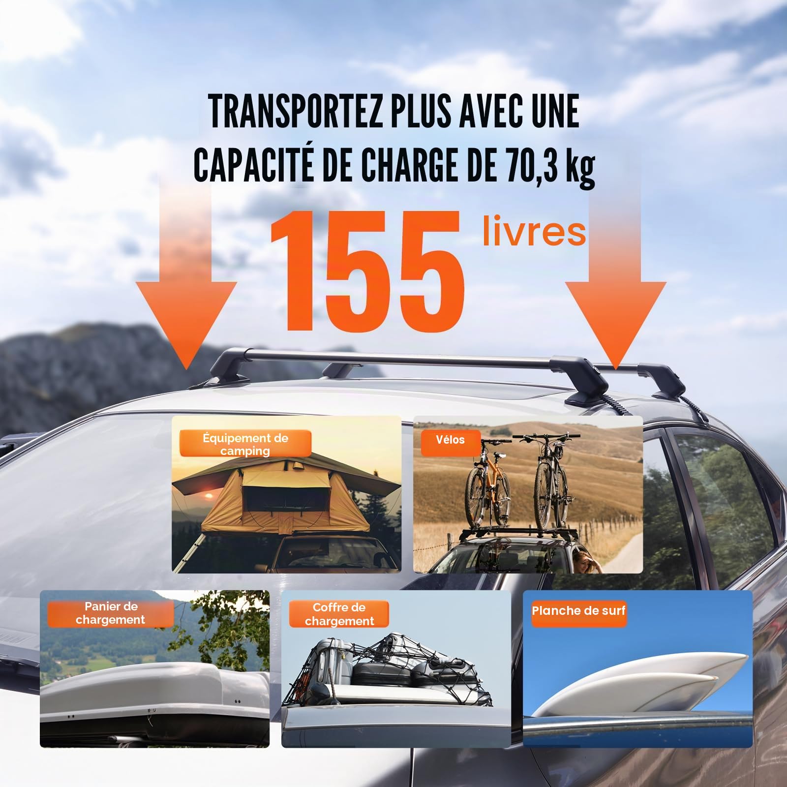 VEVOR Barres transversales de Toit en Aluminium de 41 Pouces avec capacité de Charge de 155 Livres, Barres transversales de Toit réglables avec serrures, pour Voitures sans Rail