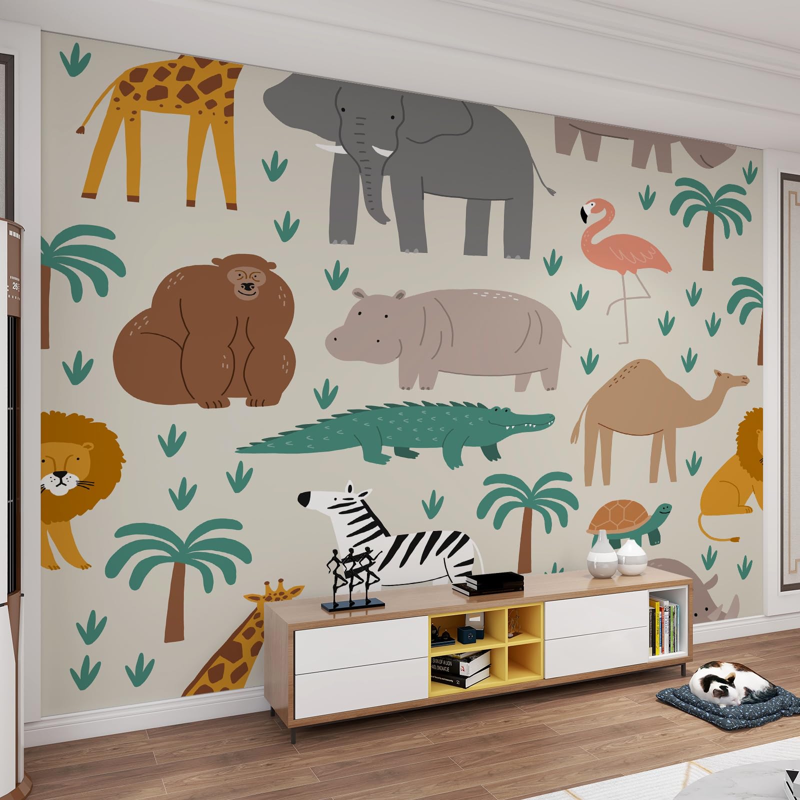 Décoration murale girafe lion éléphant et grand papier peint thème jungle 3D