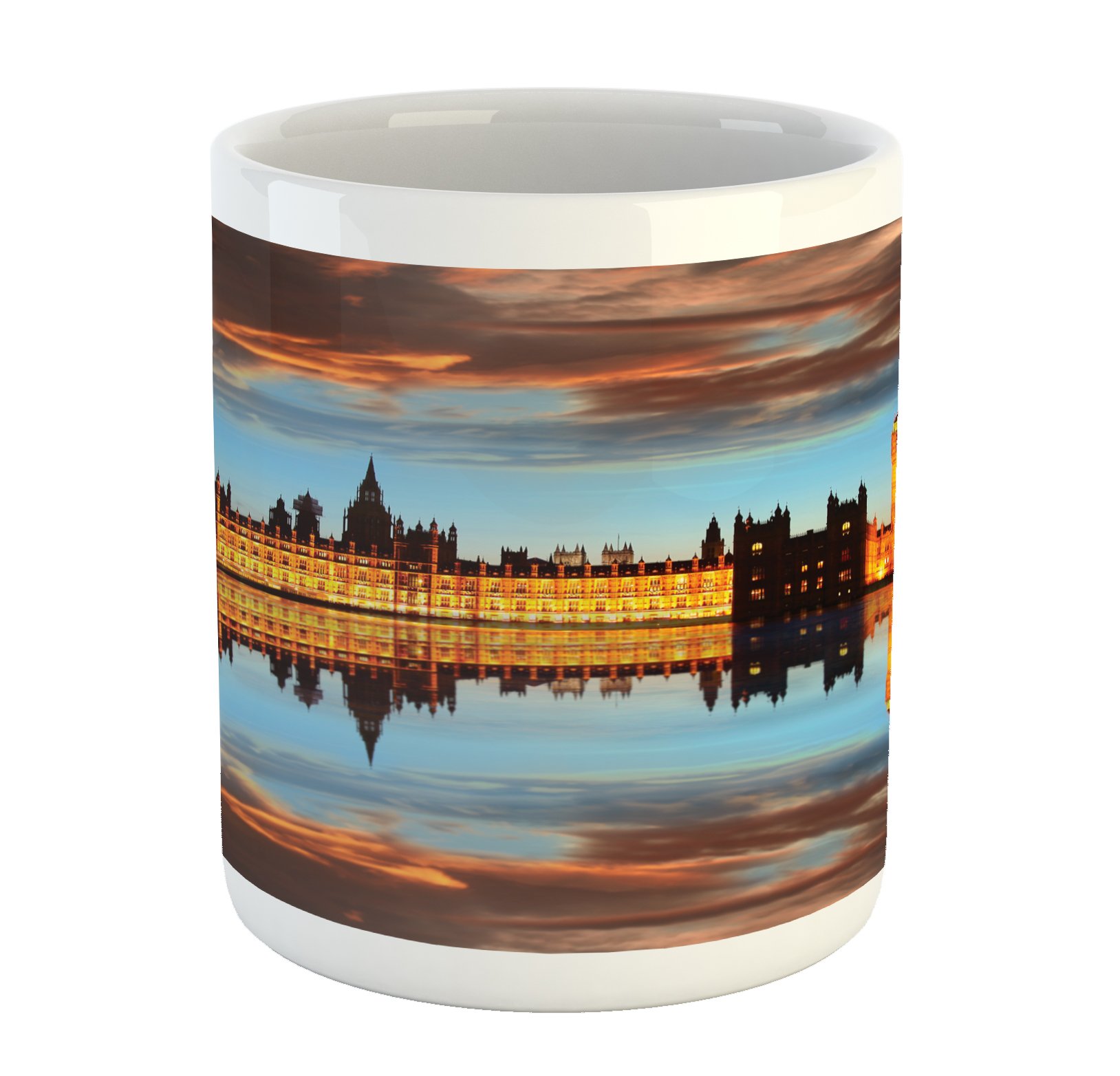 LunarableLondon Mug, Splendent Scene of Big Ben Westminster Cloudy Night Thames River Image, Printed Ceramic Coffee Mug Water Tea Drinks Cup, Warm Taupe Orange Yellow