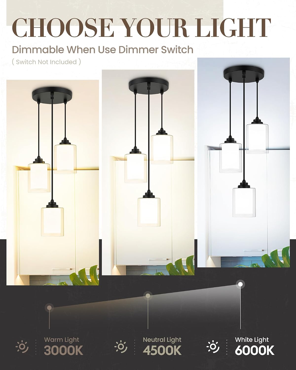 TENGXIN 3 Light Pendant Light,Matte Black Modern Pendant Light for Kitchen Island,Hanging Light with Dual Glass Shade,Farmhouse Pendant Lights for Dining Room,Bedroom,TXPLBK04