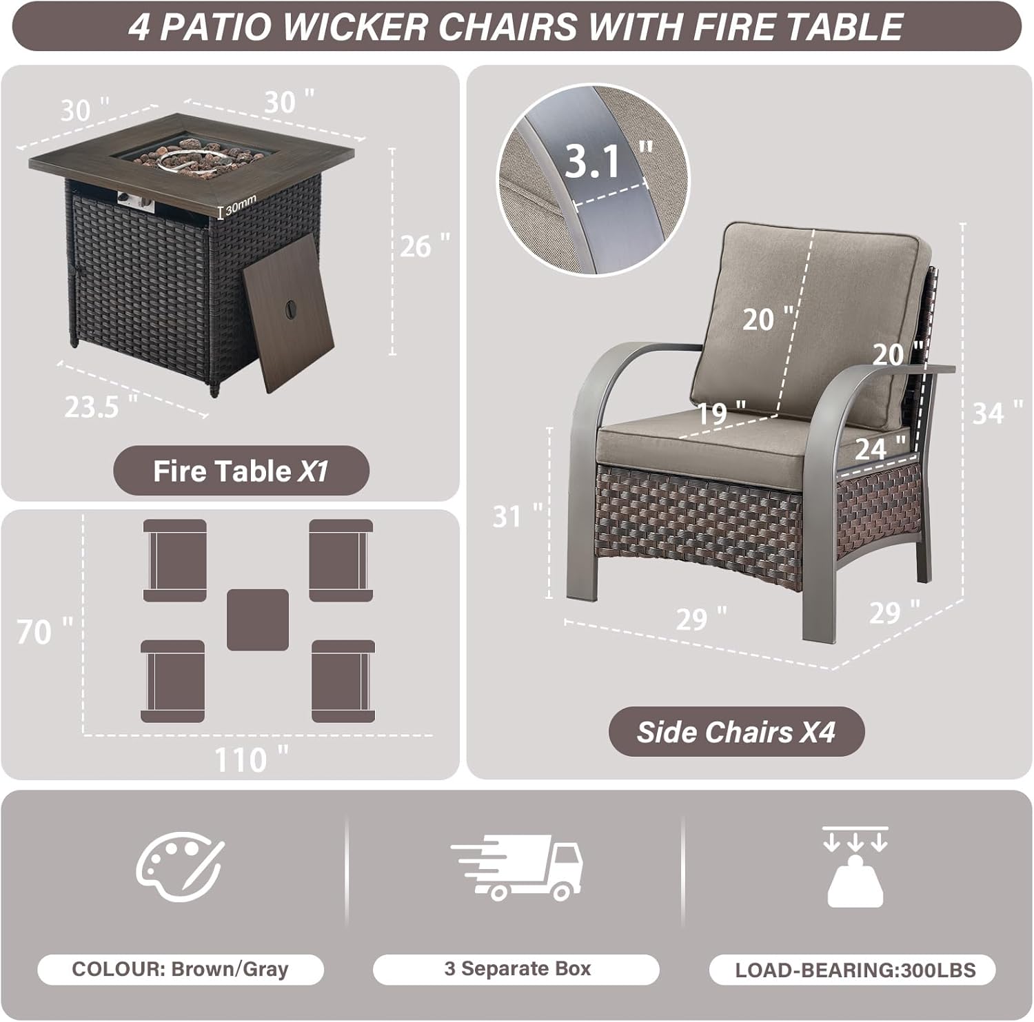 Belord 5 Piece Patio Furniture Set with Fire Pit Table - Outdoor Conversation Set with Propane Fire Pit and 4 Wicker Chairs for Backyard Patio or Casual Gathering Brown