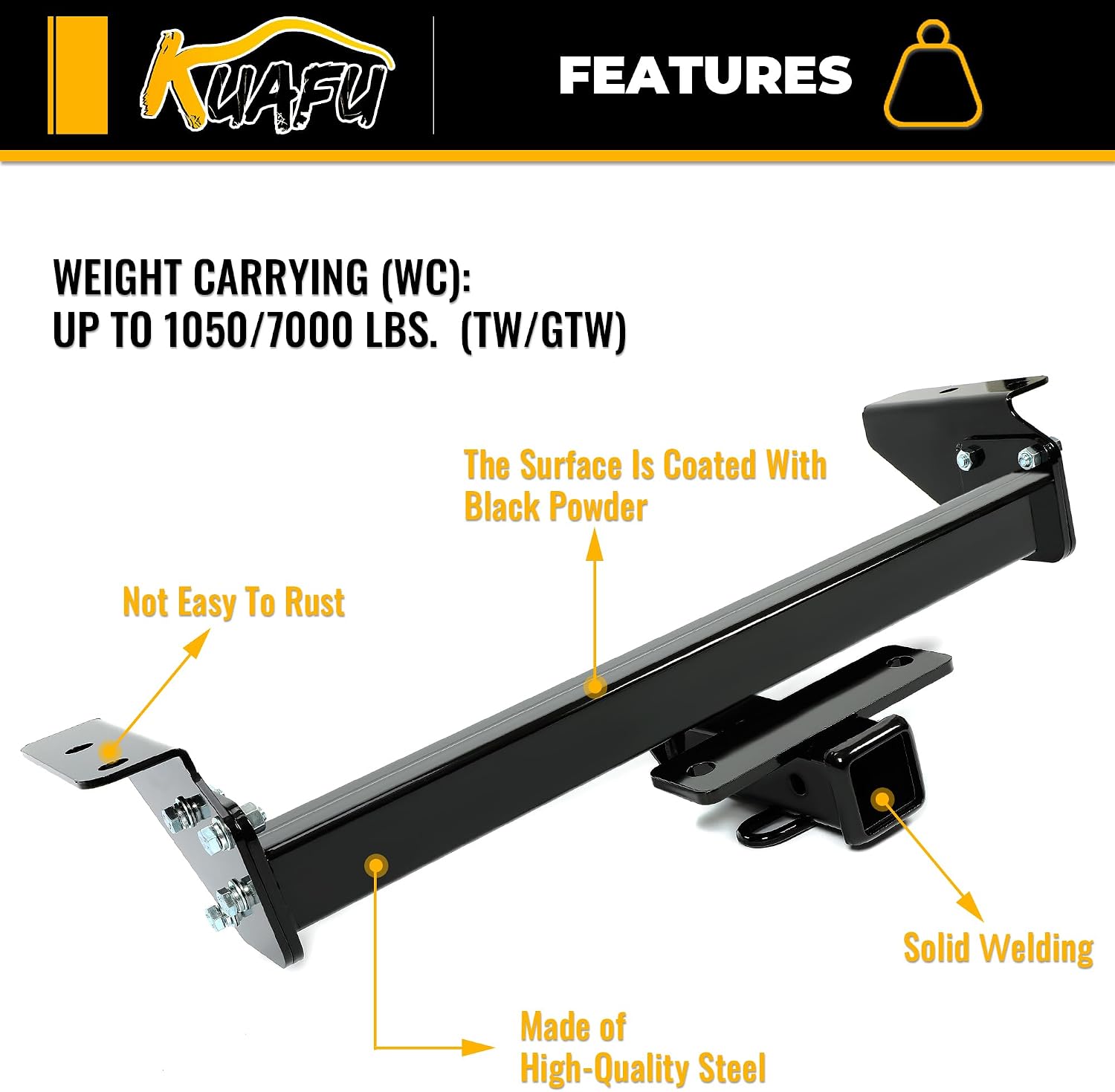 KUAFU 2" Class 4 Trailer Hitch Compatible with 2016-2023 Toyota Tacoma Tow Receiver Black Heavy Duty Steel
