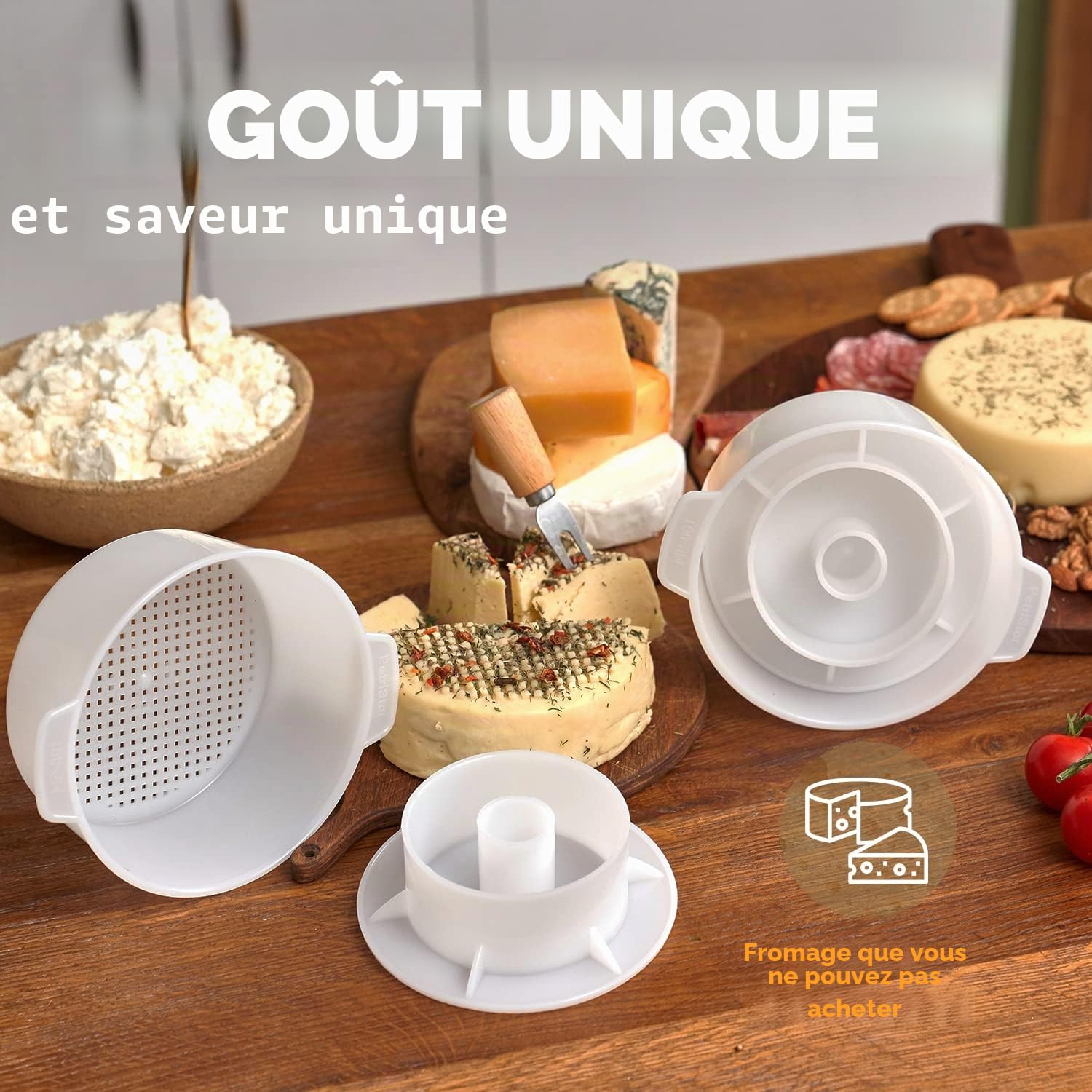 Kit de fabrication de fromage - Moule à fromage avec piston suiveur - Étamine - Panier de fabrication - Chiffon en coton