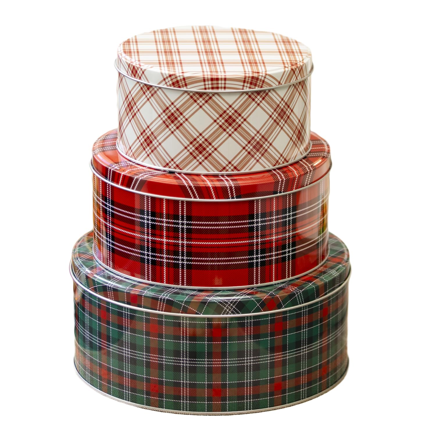 Darthome Set of 3 Tartan Christmas Nesting Cake Tins, Metal, White, Green and Red, Secure Lids, Festive Storage for Cakes and Biscuits