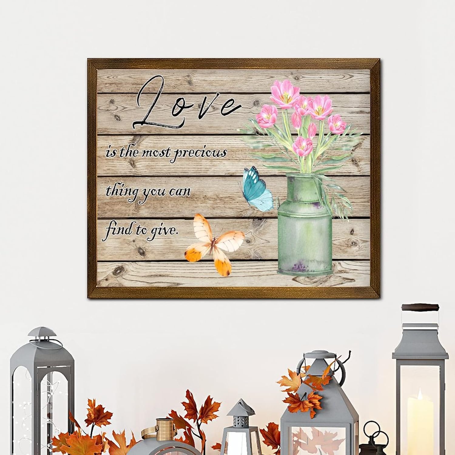 Love is The Most Precious Thing You Can Find to Give Framed Wooden Sign Butterfly Tulip Flower in Vase Wood Plank Hanging Sign Rustic French Floral Woodshop Wall Decorative for Home 16x20 Inch