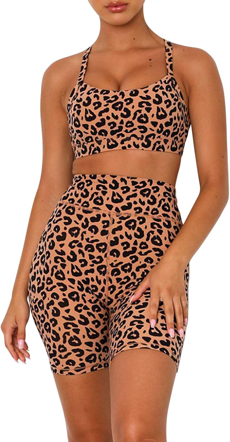 PRETTYGARDEN Women’s Two Piece Leopard Workout Outfit Set Seamless Yoga Legging and Sports Bra Set Gym Clothes