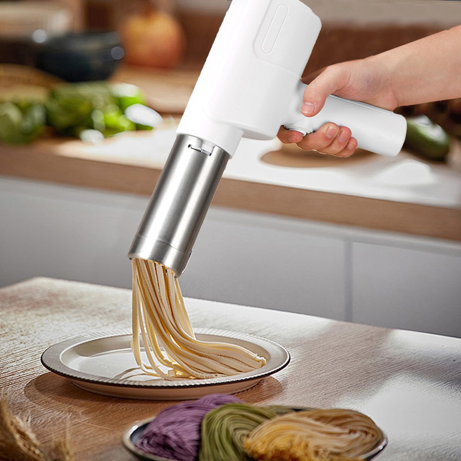 Máquina de pasta eléctrica portátil, 40 W, máquina de pasta eléctrica de mano, con 5 formas de pasta, recargable, máquina de pasta de acero inoxidable para espaguetis, fettuccine