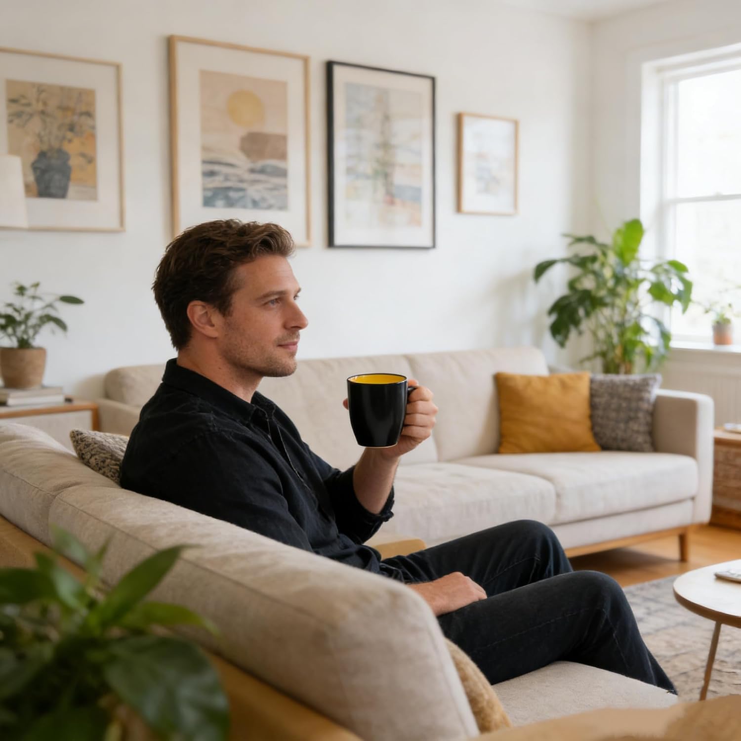 Coffee Cup Set 6-12oz Large Handle Ceramic Cup, Matte Black Coffee Cup, Suitable for Coffee, Soup, Tea, Milk, Latte, Hot Cocoa, Women, Men,Mug Sets (yellow)