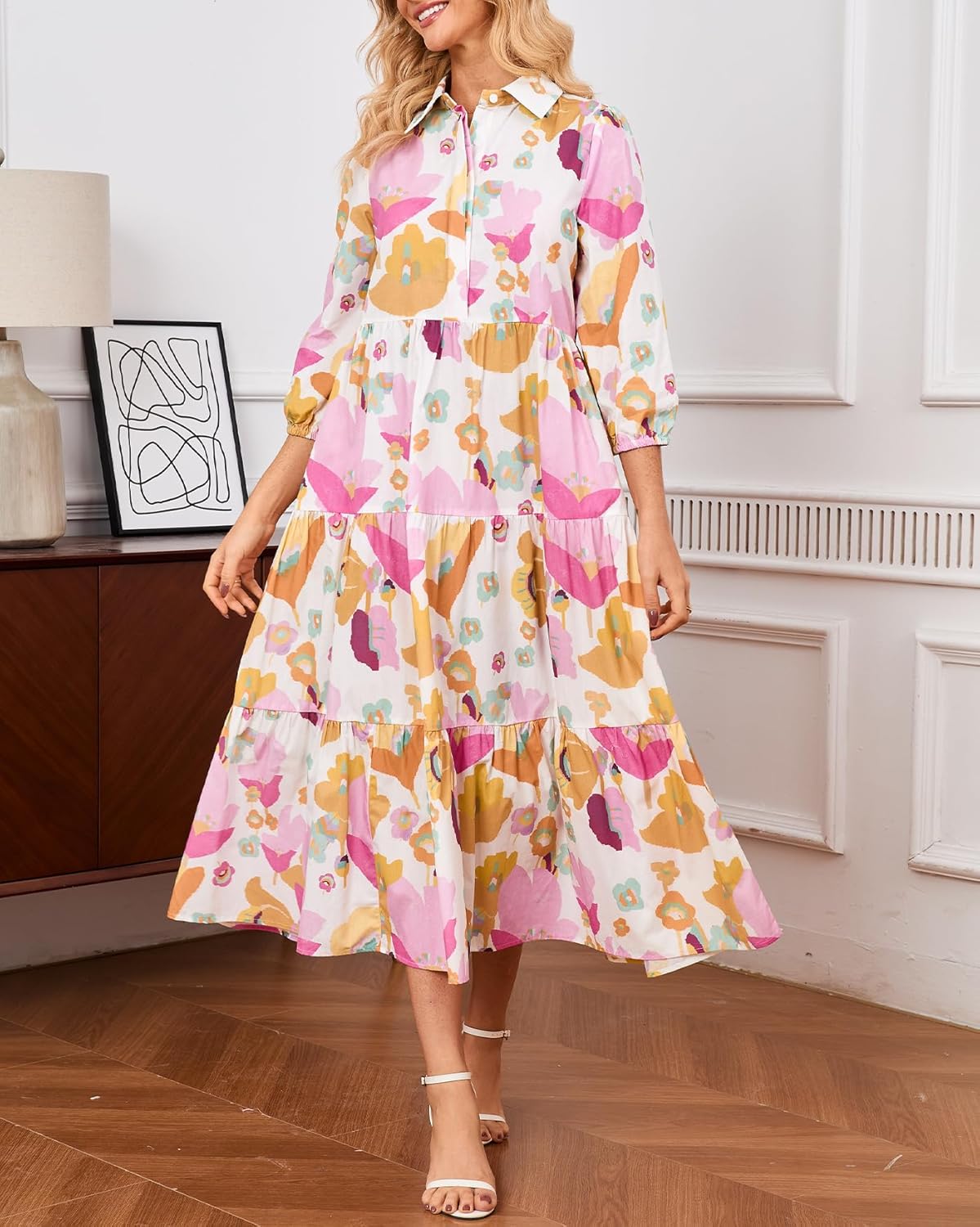 Women's Button Down Maxi Shirt Dress Collared 3/4 Sleeve Plaid Long Dress Casual Flowy V Neck Tiered Cotton Maxi Dress