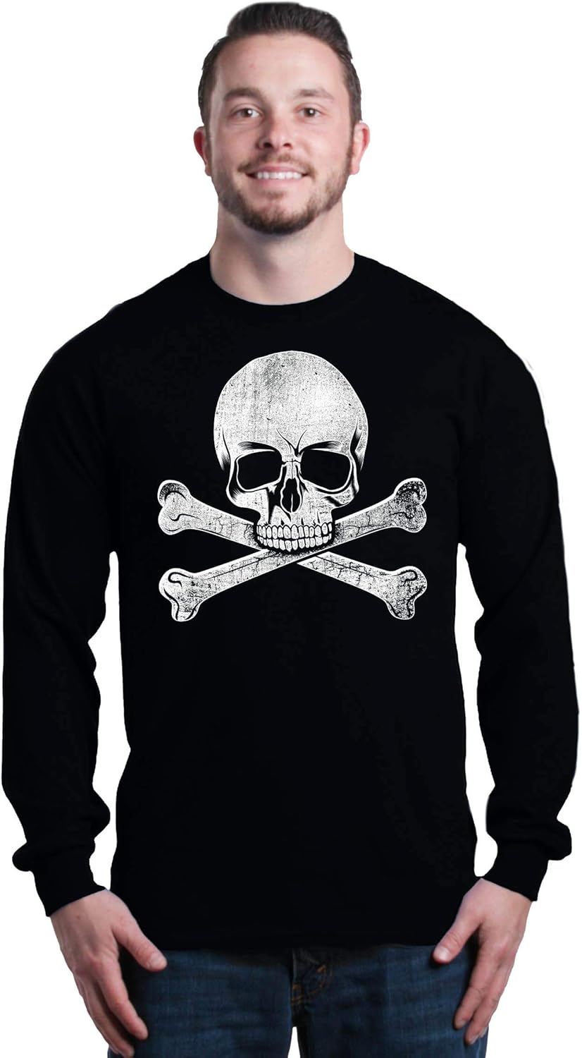 shop4ever Distressed White Skull and Crossbones Long Sleeve Shirt
