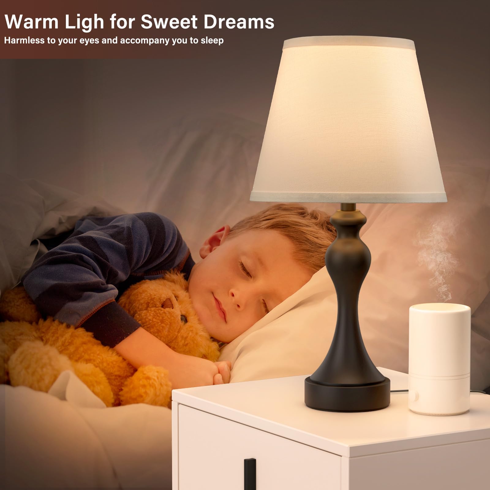 Seealle Touch-Lampen für Nachttisch - Nachttischlampen 2er Set, 3-Wege-Dimmbar, USB C + A für Schlafzimmer & Beistelltische (Weiß & Schwarz)
