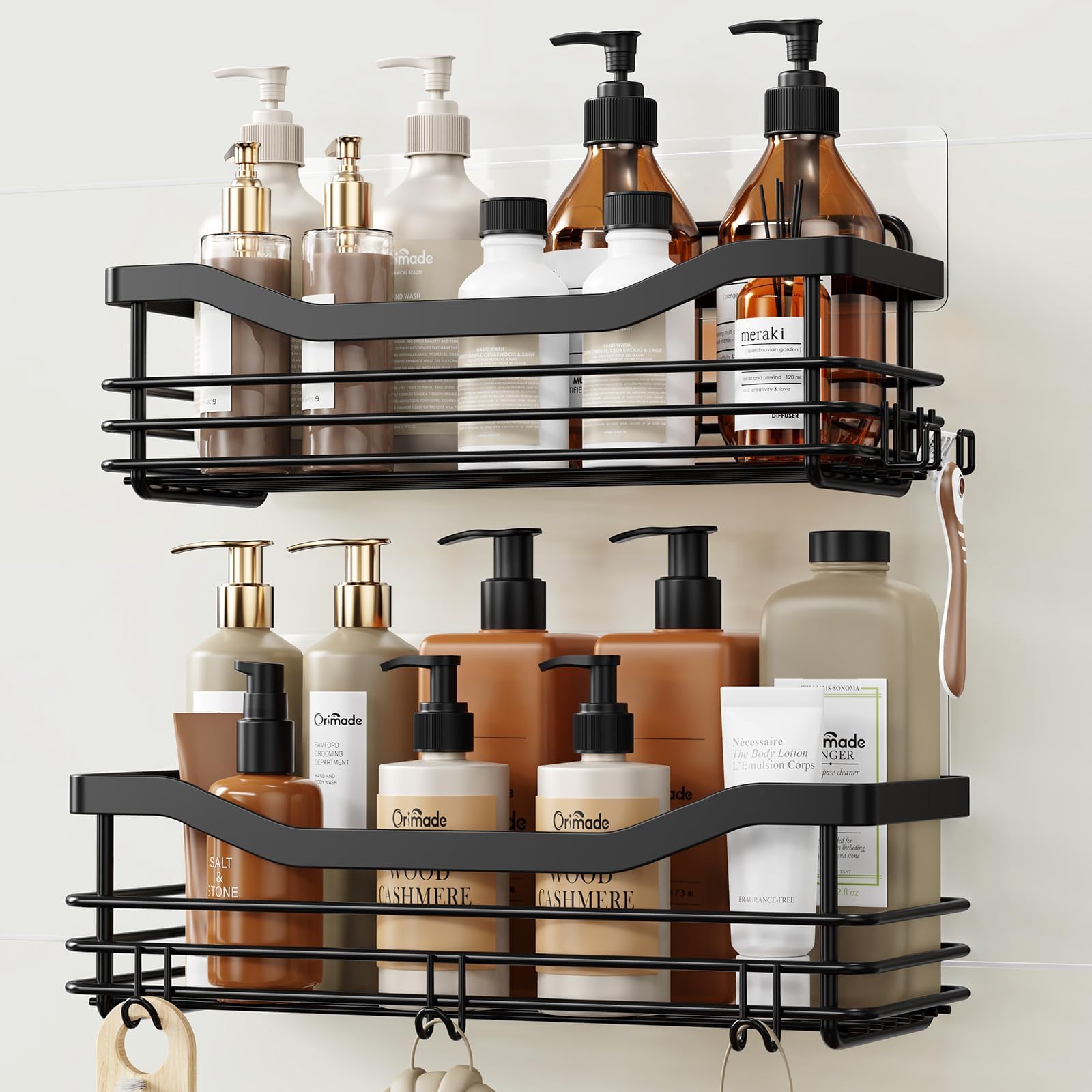 Shower Caddy Basket Shelf Storage Rack, No Drilling Wall Mounted Adhesive Rust Resistant Stainless Steel Shower Organizer with 5 Hooks for Bathroom, Black 2 Pack