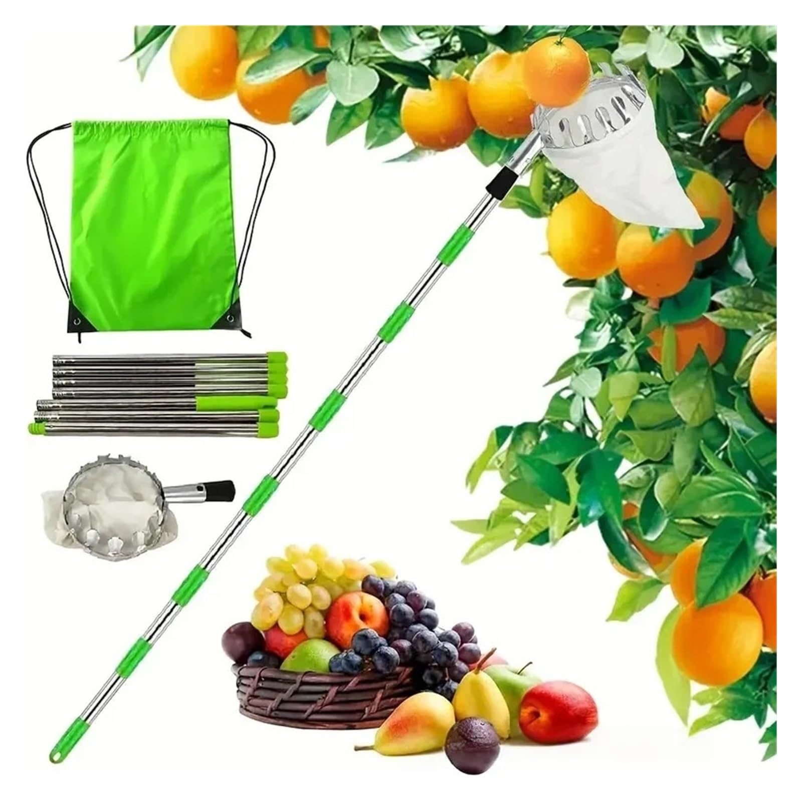Recogedor De Frutas Recolector de frutas con varilla de empalme de acero inoxidable - Pértiga telescópica de 3,2/3,6/4 m for árboles altos, huertos, granjas y jardines(3.6m)