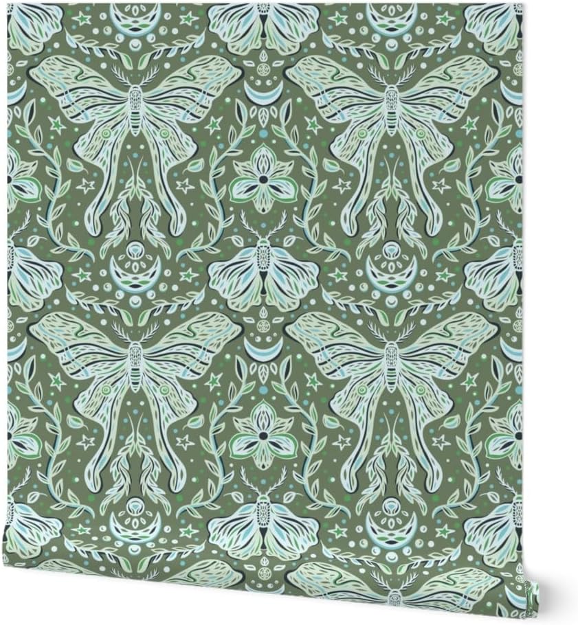 Peel & Stick Wallpaper 6ft x 2ft - Whimsical Insect Moth Floral Botanical Moon Vines Leaves Flowers Green Blue Nature Block Print Custom Removable Wallpaper by Spoonflower