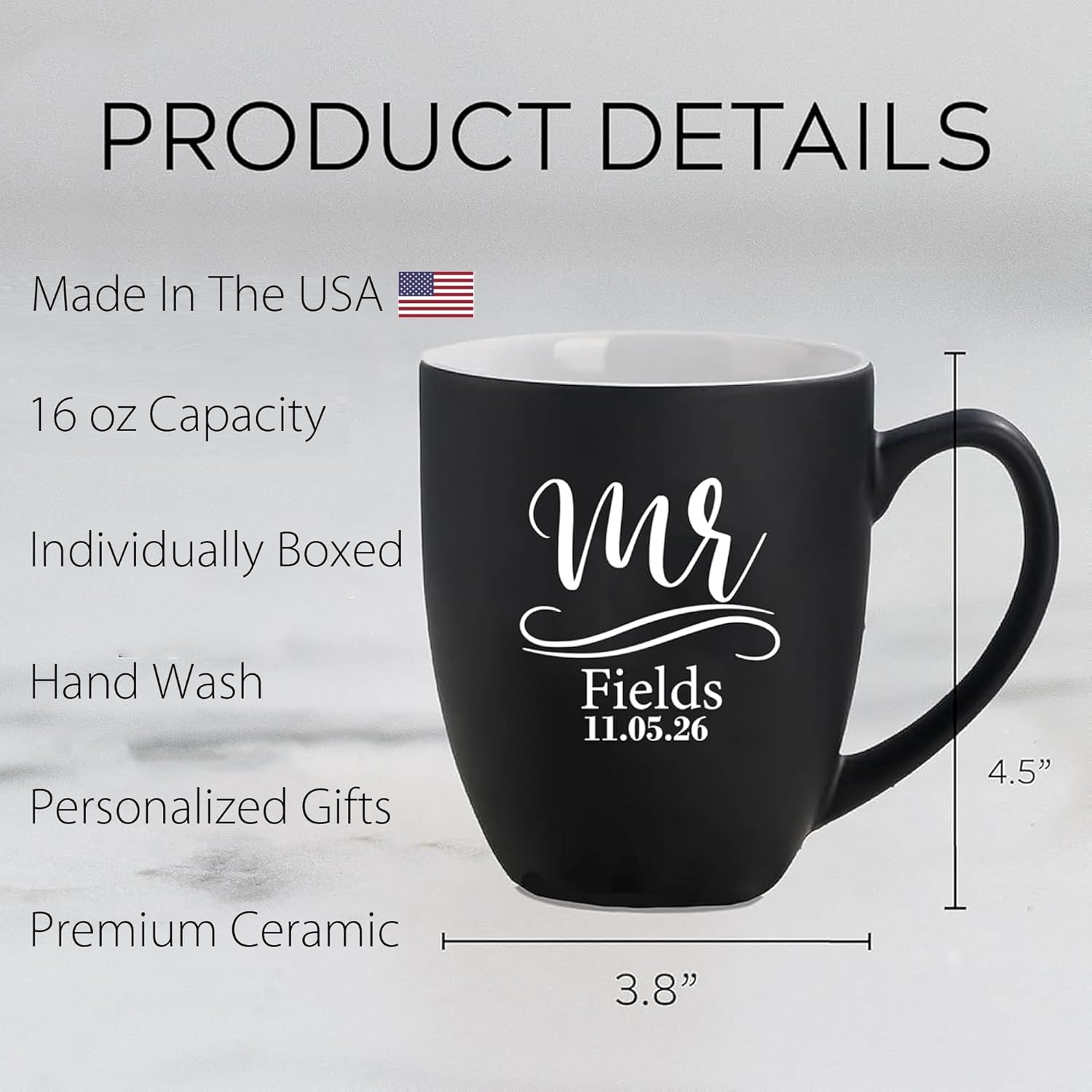 Personalized Mr and Mrs Coffee Mug Set - Custom His Hers Ceramic Couple Mugs - Gift for Bride and Groom, Wedding, Engagement, Anniversary - 16 oz Mr & Mrs Cup