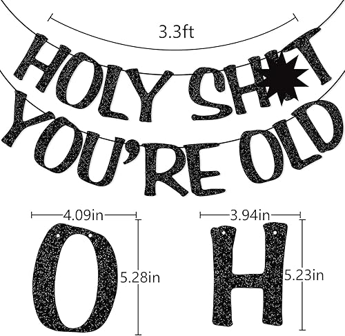 Miniatura 2 de Cartel de Holy Shit You're Old con purpurina negra para 30, 40, 50, 60, 70, 80, 90, divertido cartel de cumpleaños, banderines, decoración