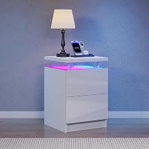 Side Table with LED Lights Bedside Table with 2 Drawers Bedside Table for Bedroom Living Room White 1 Piece