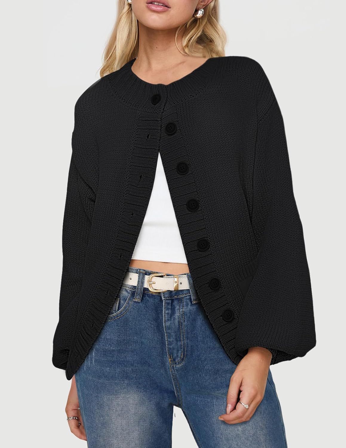 MEROKEETY Women's Fall Long Lantern Sleeve Cardigan Sweaters Casual Button Down Crewneck Open Front Coat - Image 2