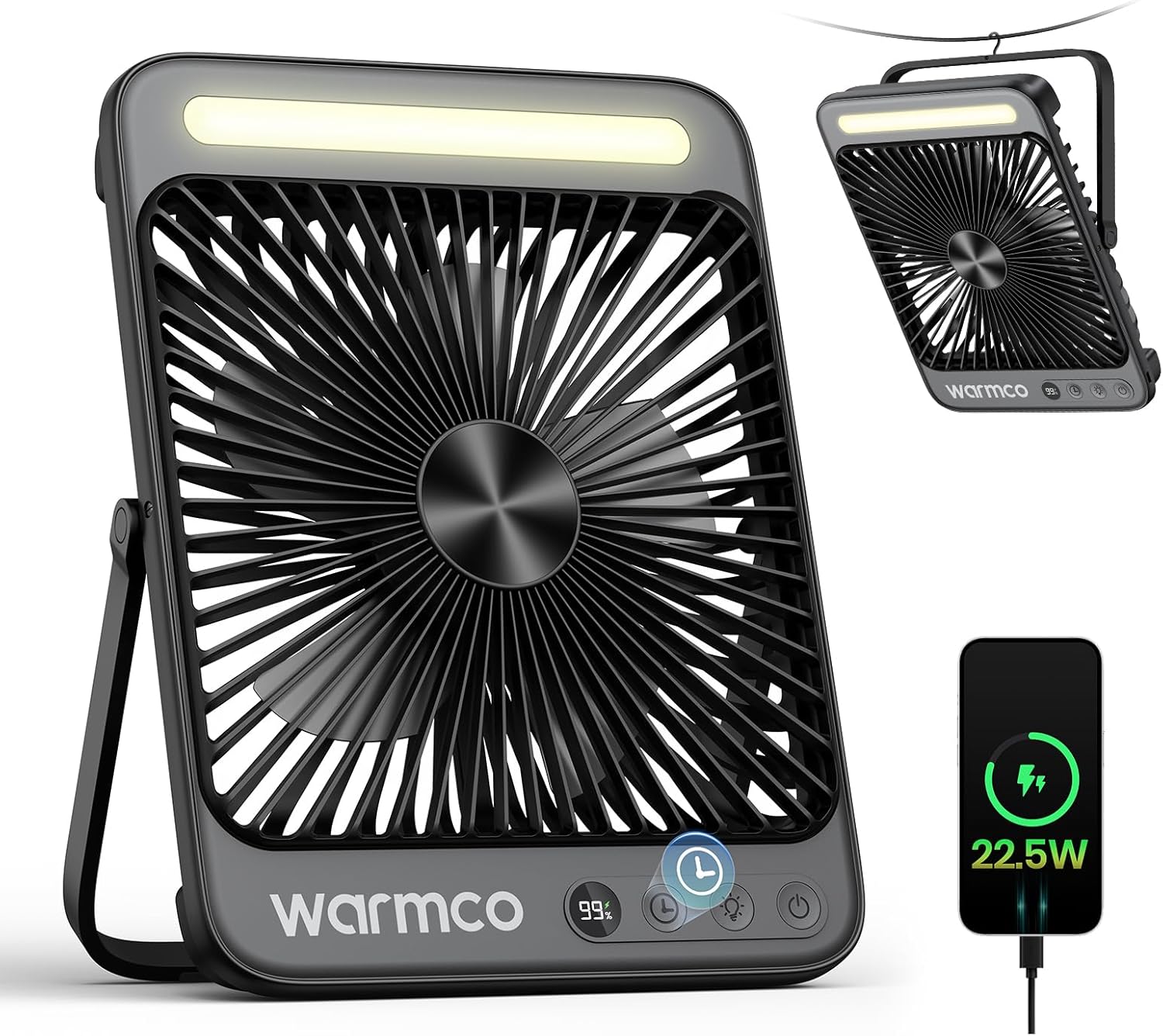 Warmco Battery Powered Fan, 20000mAh 22.5W 8-Inch Ultra-thin Rechargeable Camping Fan with LED Light, 15~48H Runtime, 8H Timer, Portable Travel Fans for Sleeping, Outdoor, Indoor, Cruise Essential