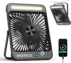 Warmco D4 Pro Tragbarer Camping Ventilator 20000mAh 27cm mit Timer, Schnelles Aufladen, LED-Licht, 15~48 Stunden Laufzeit, Dünn für Outdoor, Reisen, Büro, Schlafzimmer