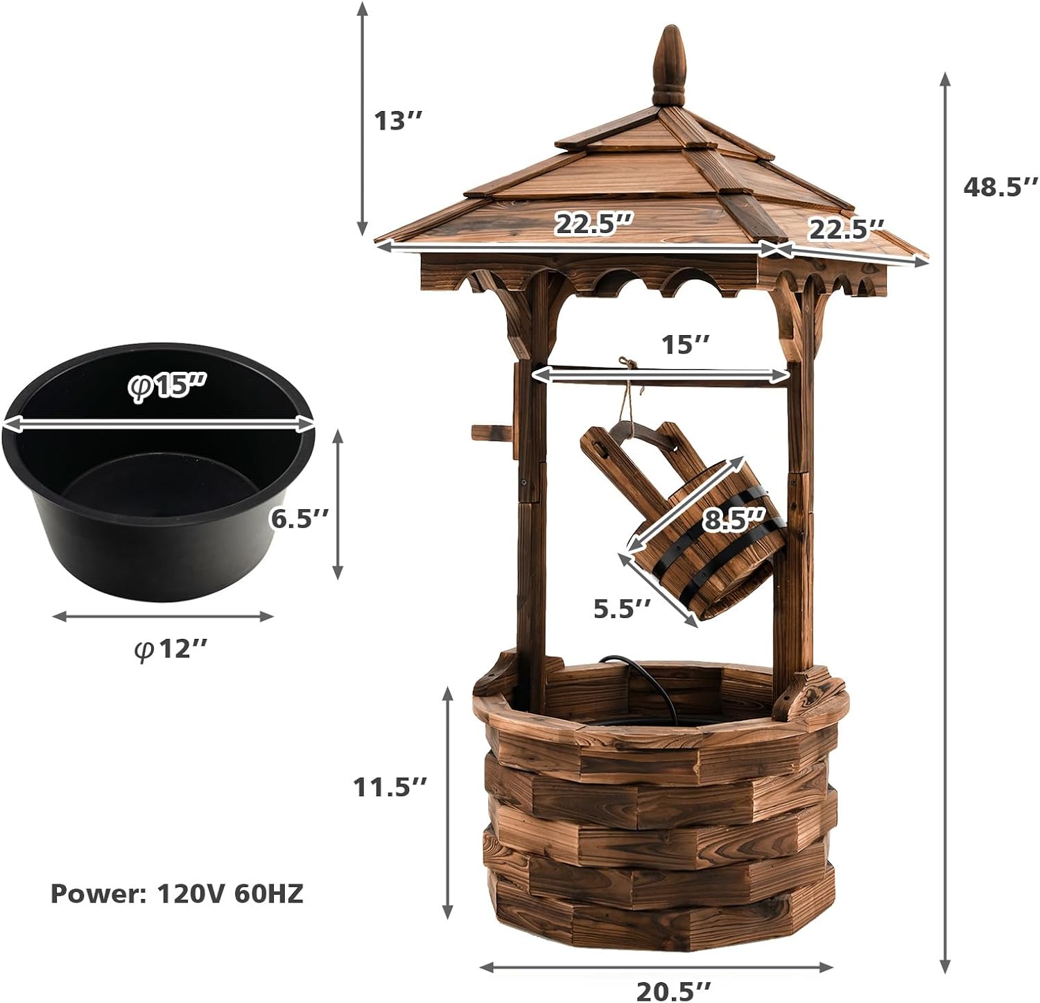 Rustic Wooden Wishing Well Fountain,Wishing Well Water Fountain with Adjustable Water Flow Rate,Freestanding Wishing Well Water W/with Electric Pump, Water Bucket,Brown