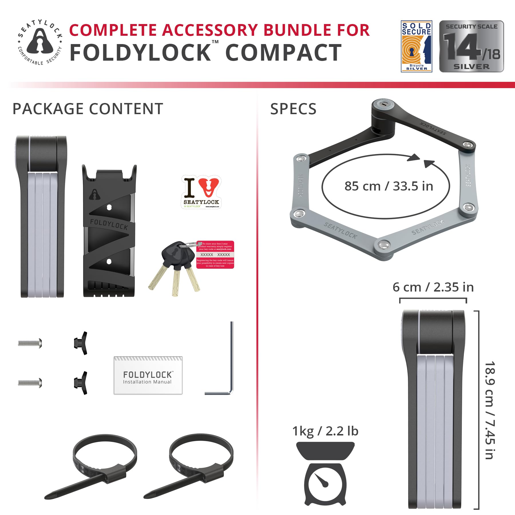 Seatylock FoldyLock Compact Antivol Velo Pliable - Anti Vol Velo Solide Pliable - Antivol Ultra Leger pour Vélo et Trottinette - 3 Ans de Tranquillité d'Esprit - 85 cm