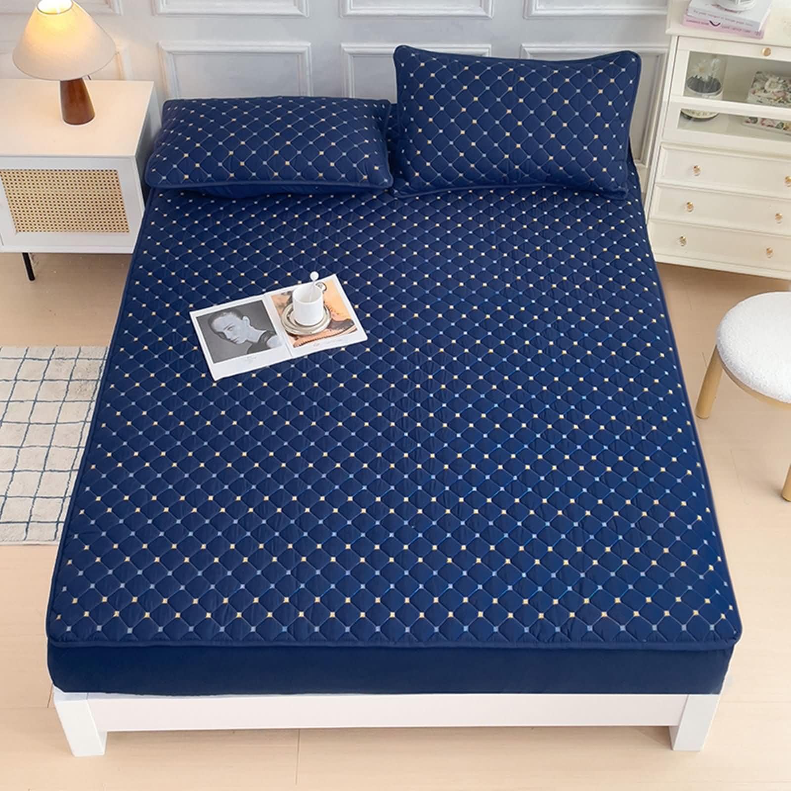 Drap housse 150x200 coton matelassé bleu marine Beydodo avec 2 taies d'oreillers
