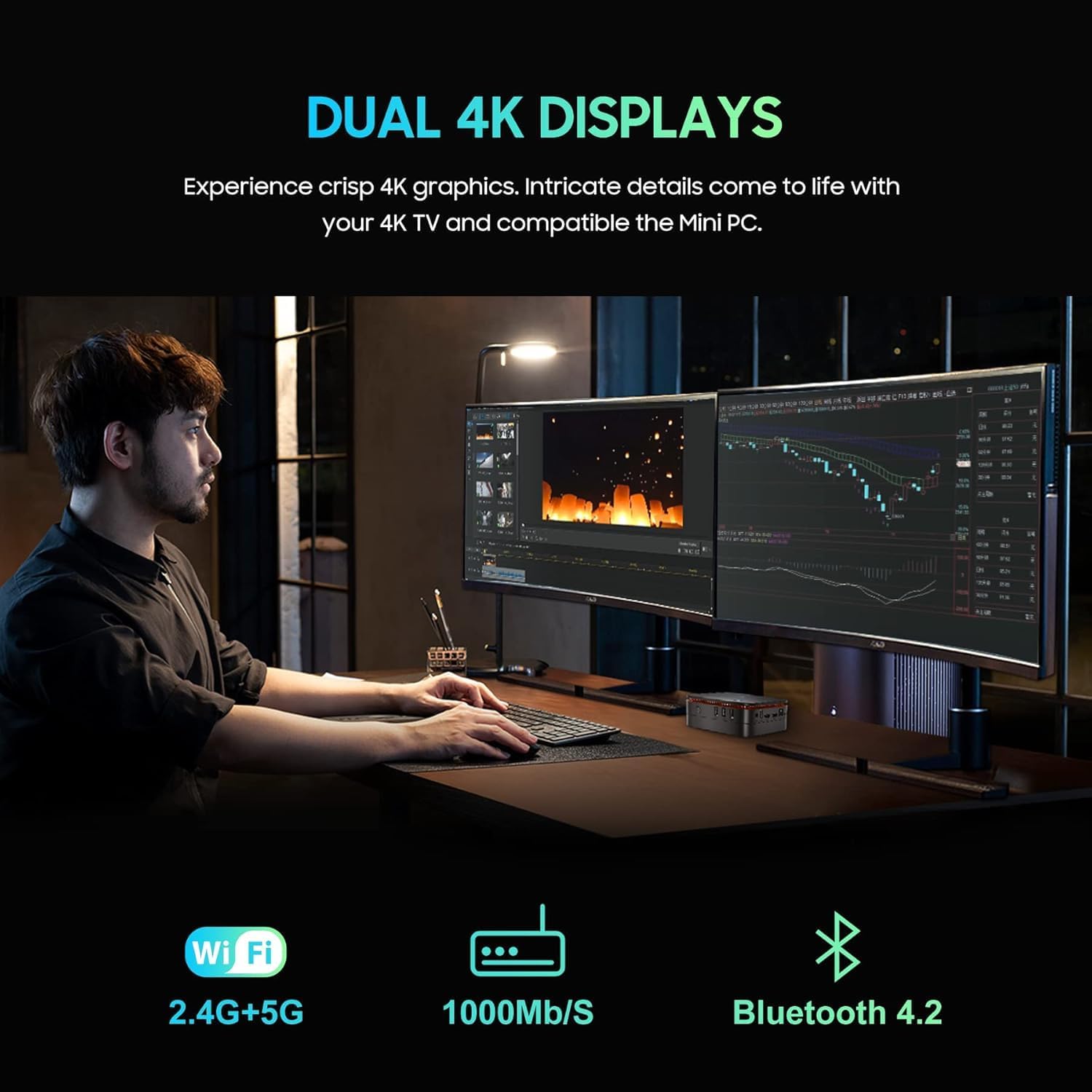 A person working on a desk with the Blackview MP60 Mini PC connected to two monitors, demonstrating dual display functionality.