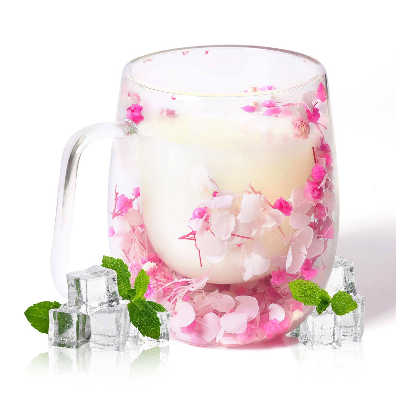 RUIOMII 370ml Double Wall Glass Dried Flower Mug, Cute Coffee Mugs with Handle, Insulated Coffee Cup Birthday Gifts for Mum Girlfriend Teacher