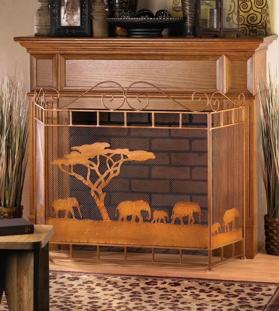 Exotic Iron Fireplace Screen with Elephant & Tree Design – Decorative Brown Flat Door for Home Décor & Safety, Perfect for Fireplaces & Wood Stoves