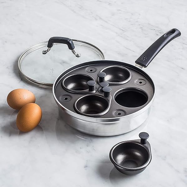 HENCKELS HENCKELS Non-Stick Cup 4 Eggs Poacher with Glass Lid, Silver, Black, in use
