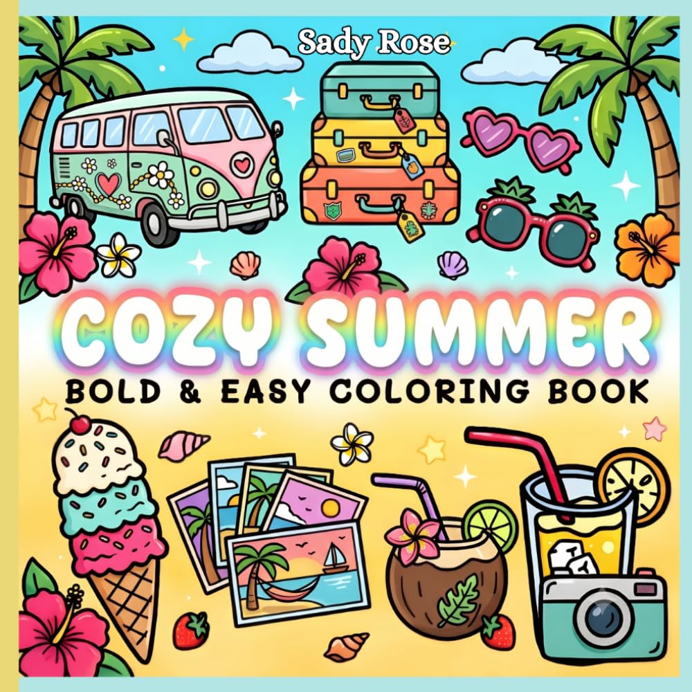 Cozy Summer Bold & Easy Coloring Book: Cute Beach Essentials, Summer Treats & Simple Summer Objects