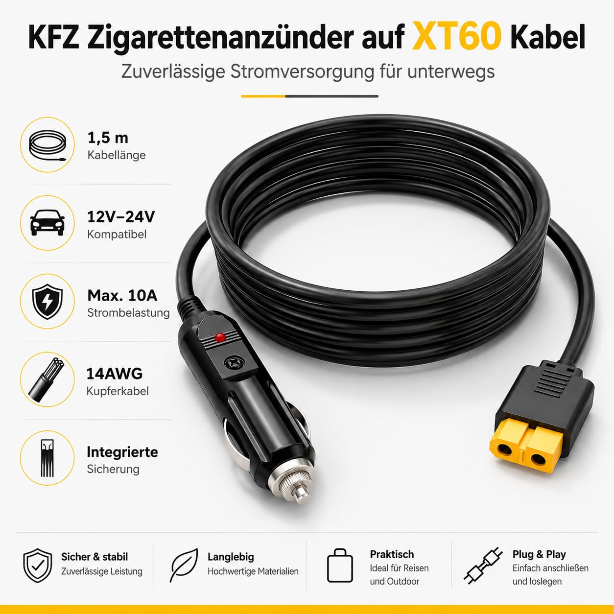 Powice Gniazdo zapalniczki samochodowej na XT60 kabel 1,5 m, 14 AWG kabel do ładowania 12 V/24 V z bezpiecznikiem 10 A, kabel do ładowania samochodowego XT60, gniazdo do stacji zasilania, generatora