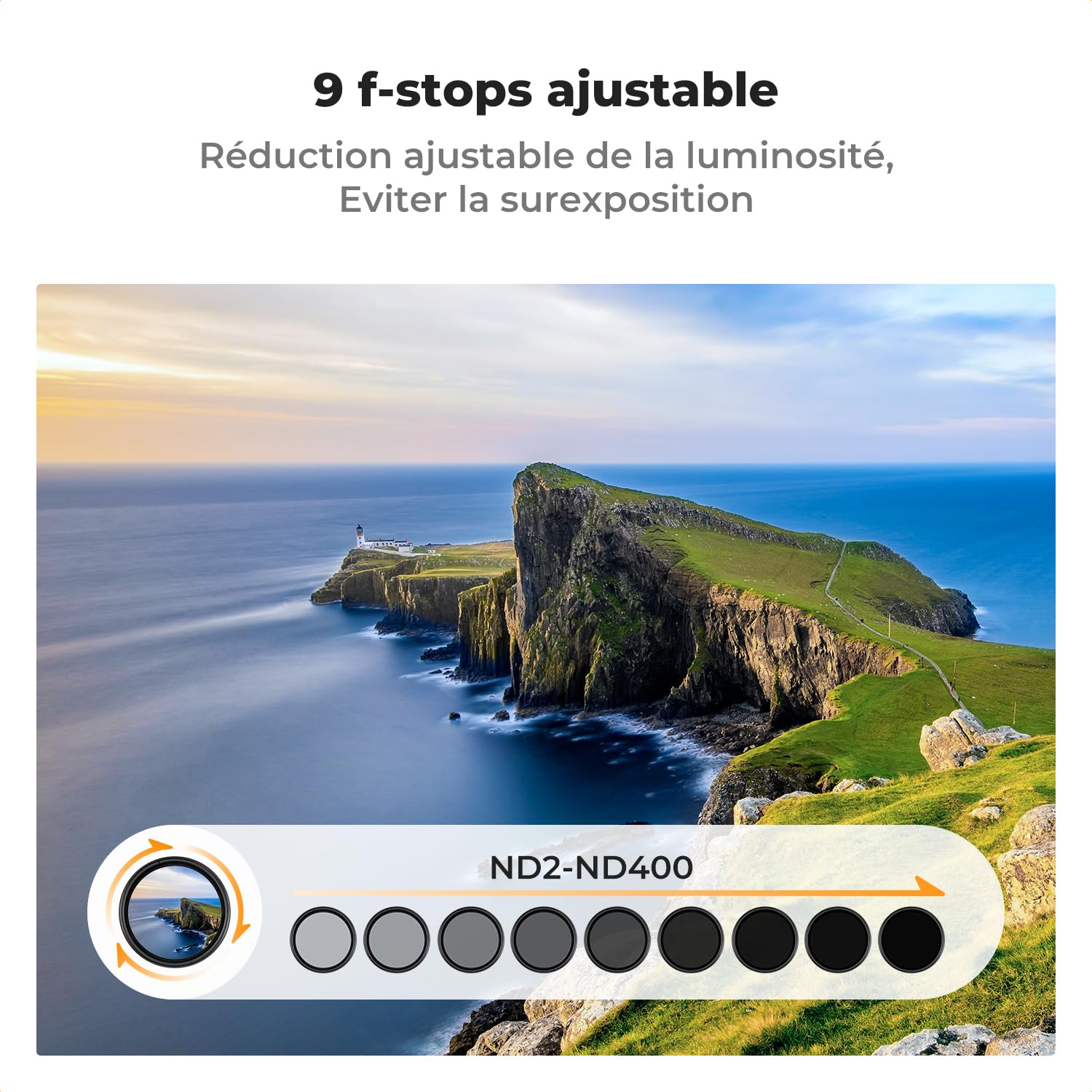 K&F CONCEPT 43mm Filtre ND2-400 Variable True Color 1-9 Stops Densité Neutre et 3 Chiffons de Nettoyage pour Objectif Appareil Photo (Nano-Klear Série)