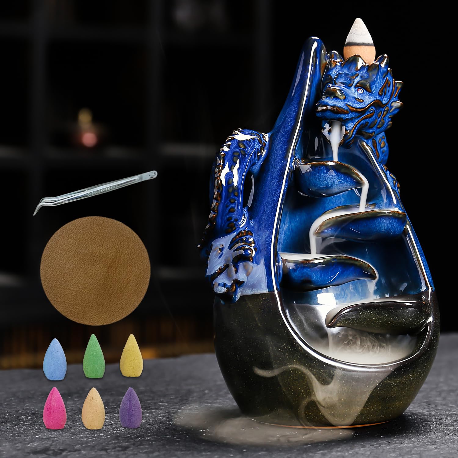 Dragon Incense Burner - Ceramic Backflow Waterfall Burner with Dragon Smoke Fountain, Incense Holder, Cones & Tweezer & Fire Mat for Aromatherapy/Yoga/Home/Office Deco