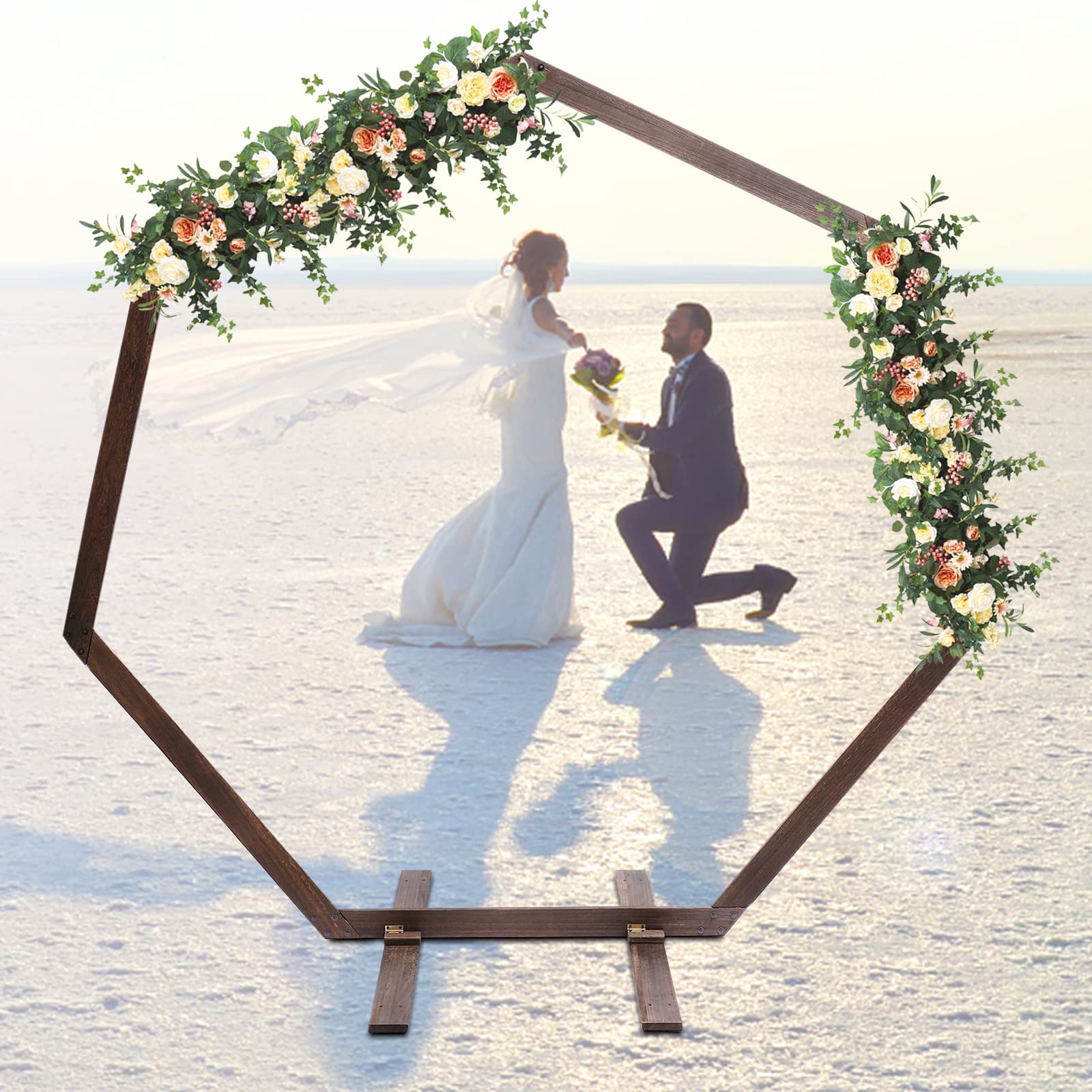 Bogen Stand Heptagon Rahmen, 2.04X2.19M Holz Hochzeitsbogen, Garten Blumenbogen Rosenbogen Traubogen Hochzeit Rahmen Hintergrundständer Hintergrund Stand