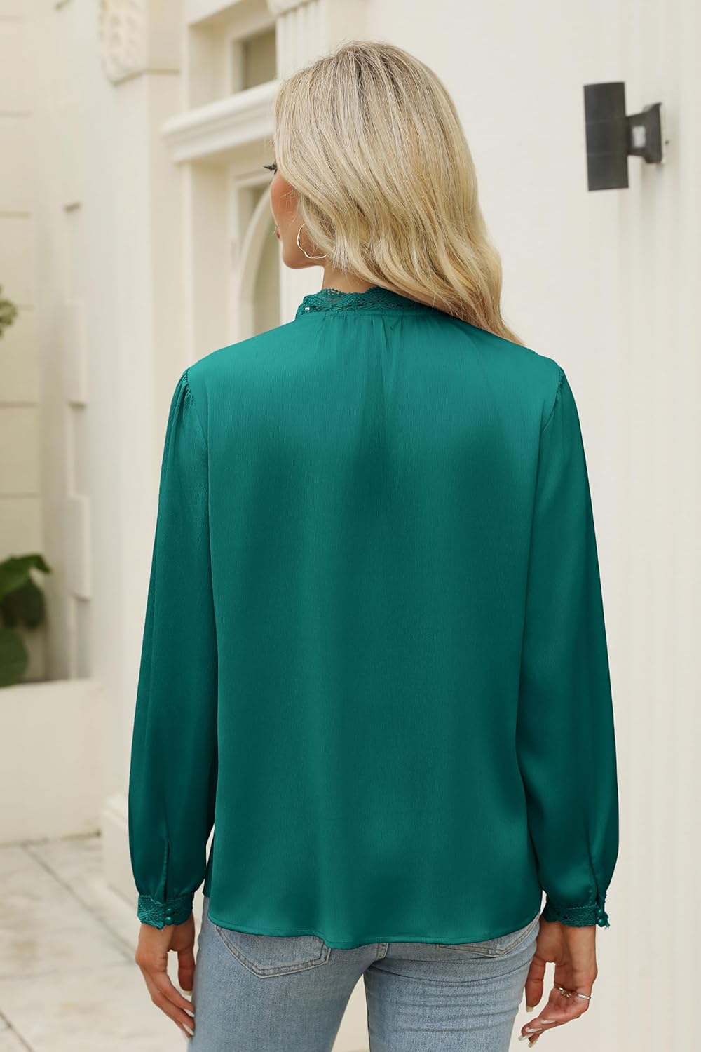 Neweek Satin Crinkle Blouses for Women Lace Collared Cuff Tops Silk Button Down Shirts Long Sleeve Business Loose Work Tops - Image 3