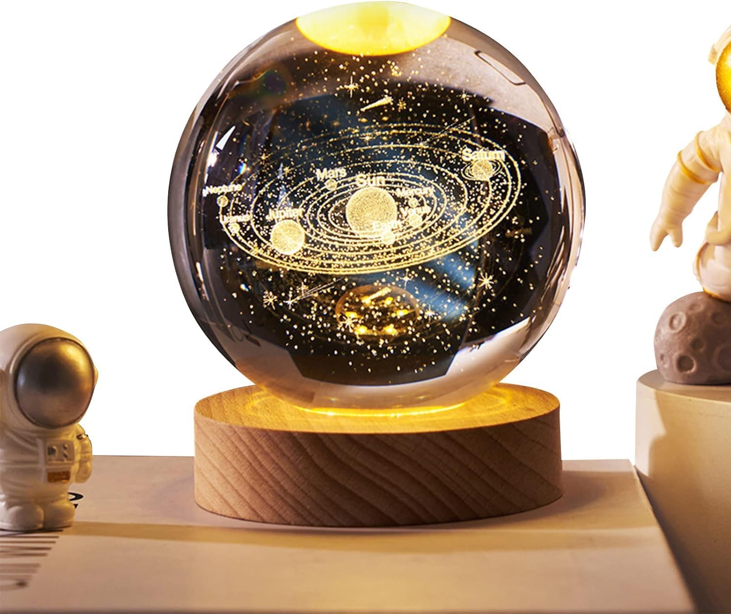 COOFANDY 3D Solar System Crystal Ball Night Light, with Removable Glow Ball, Crystal Glass Art Wooden Base Led Display Stand for Office Decor, Home, Office, Bedside Lamp
