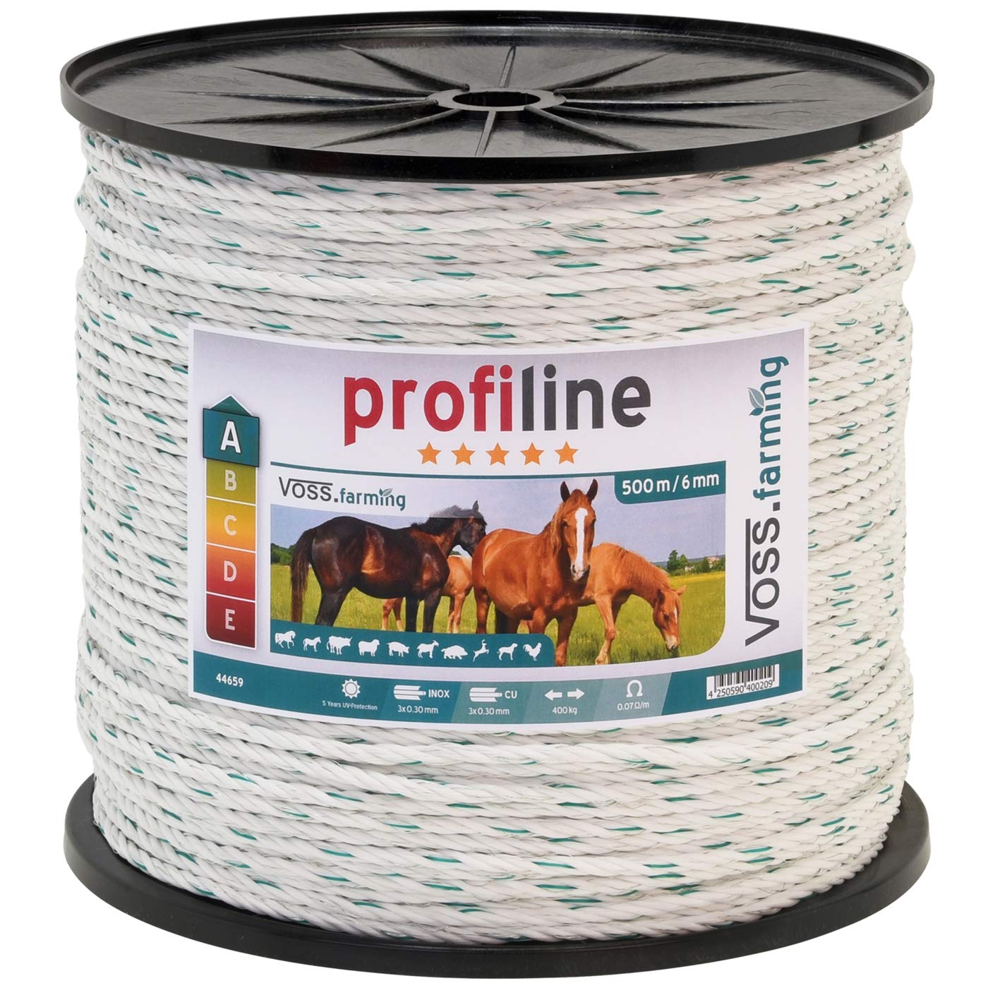 VOSS.farming Cordelette pour clôture de pâturage Profiline 500 m, 6 mm, 3x0.30 cuivre, 3x0.3 NIRO, Matériel conducteur Clôture électrique Cheval Poney Bétail, Blanc Vert