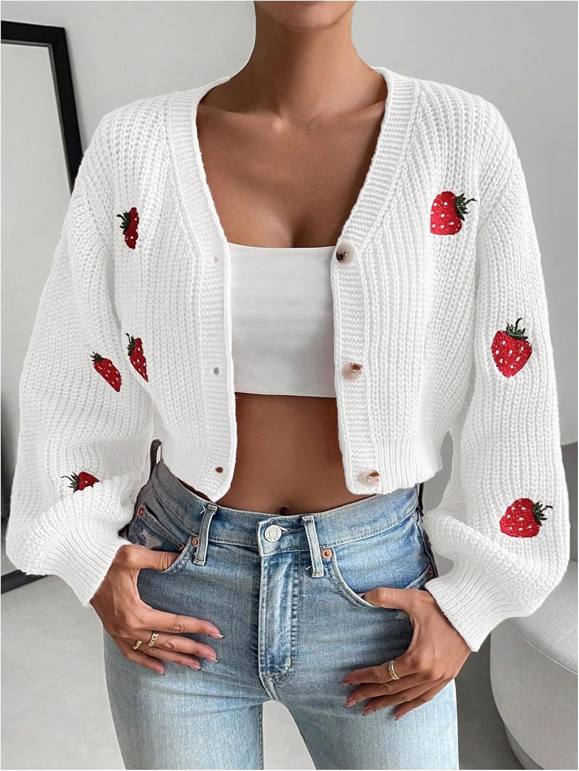 WDIRARA Women's Strawberry Embroidery Crop Cardigan Drop Shoulder Button Up Sweater Tops V Neck Outerwear - Image 5