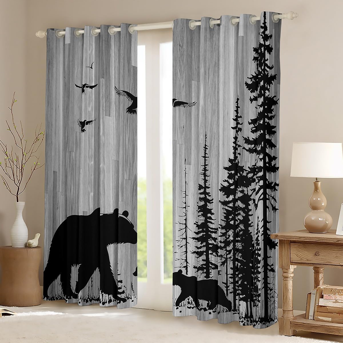Feelyou Cute Bear Curtains for Bedroom Living Room Kids Boys Wild Animal Blackout Curtains Rustic Cabin Country Darkening Drapes (2 Panels, 42 x 63 Inch) Nature Wildlife Bear Window Treatments